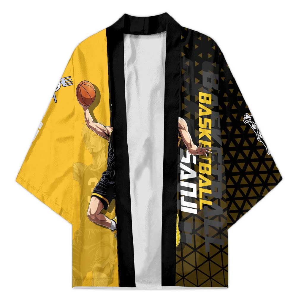 Sanji One Piece Basketball Theme Yellow and Black Design Kimono with Pirate Chef Logo and Jump Shot Pose - The Mazicc