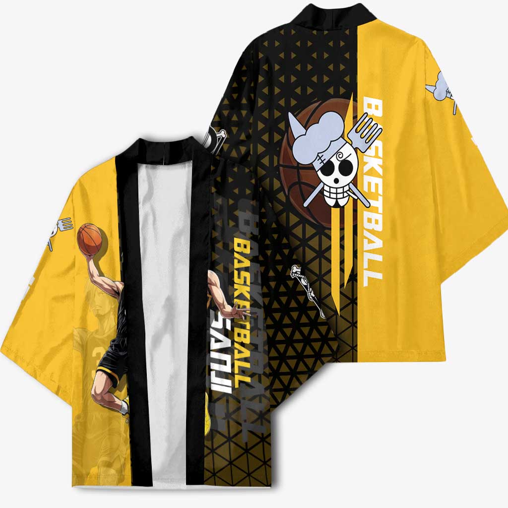 Sanji One Piece Basketball Theme Yellow and Black Design Kimono with Pirate Chef Logo and Jump Shot Pose - The Mazicc