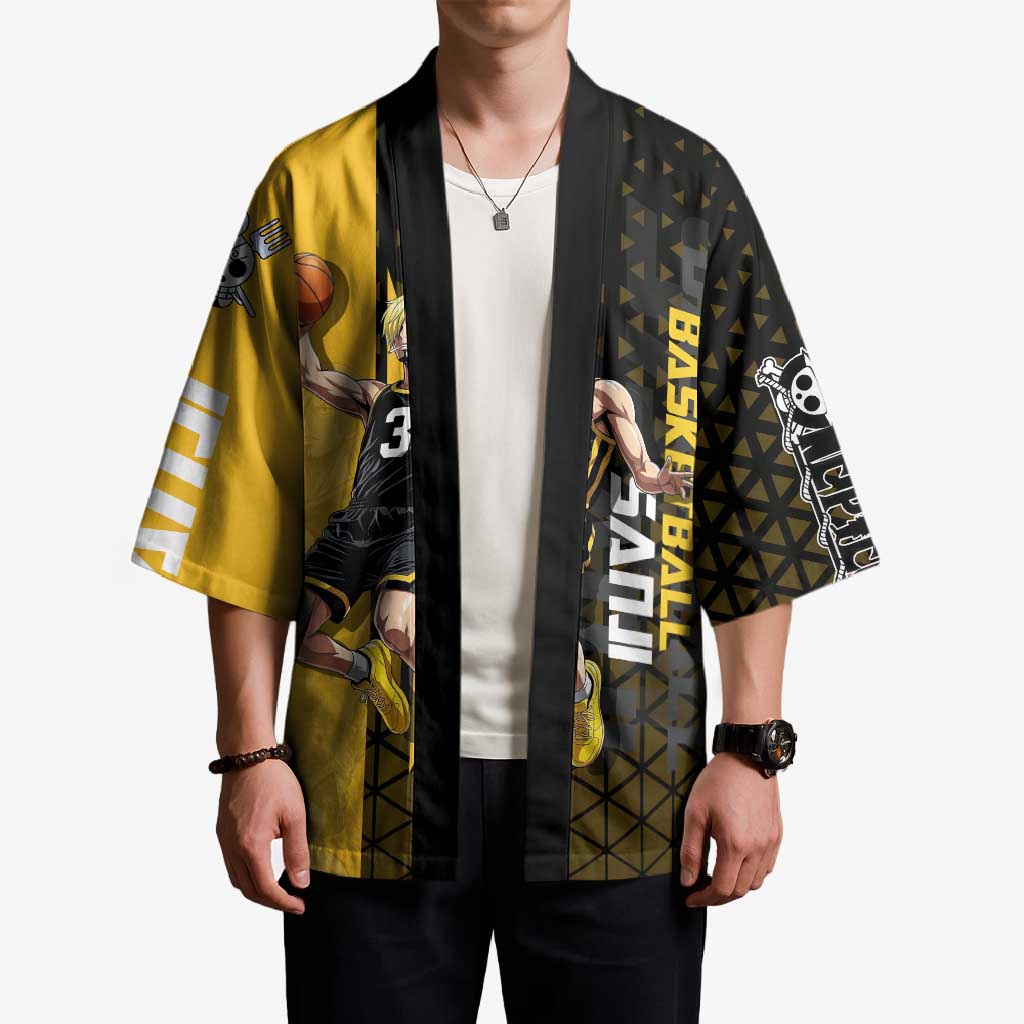 Sanji One Piece Basketball Theme Yellow and Black Design Kimono with Pirate Chef Logo and Jump Shot Pose - The Mazicc