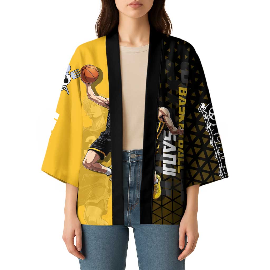 Sanji One Piece Basketball Theme Yellow and Black Design Kimono with Pirate Chef Logo and Jump Shot Pose - The Mazicc