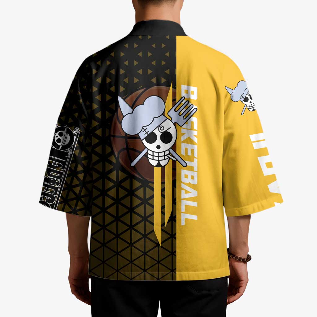 Sanji One Piece Basketball Theme Yellow and Black Design Kimono with Pirate Chef Logo and Jump Shot Pose - The Mazicc