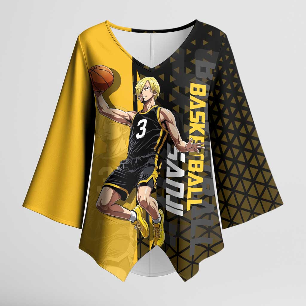 Sanji One Piece Basketball Theme Yellow and Black Design Kimono Sleeve Blouse with Pirate Chef Logo and Jump Shot Pose - The Mazicc