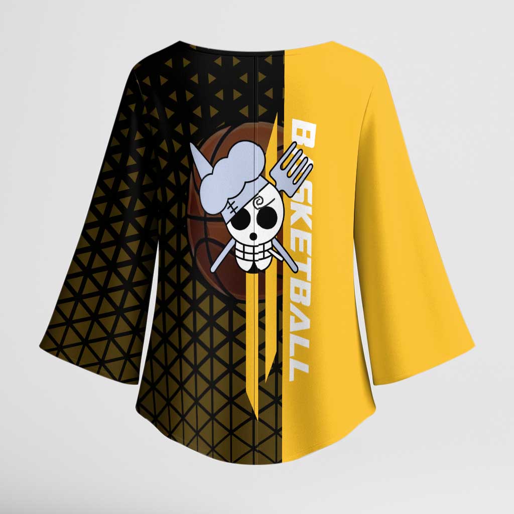 Sanji One Piece Basketball Theme Yellow and Black Design Kimono Sleeve Blouse with Pirate Chef Logo and Jump Shot Pose - The Mazicc