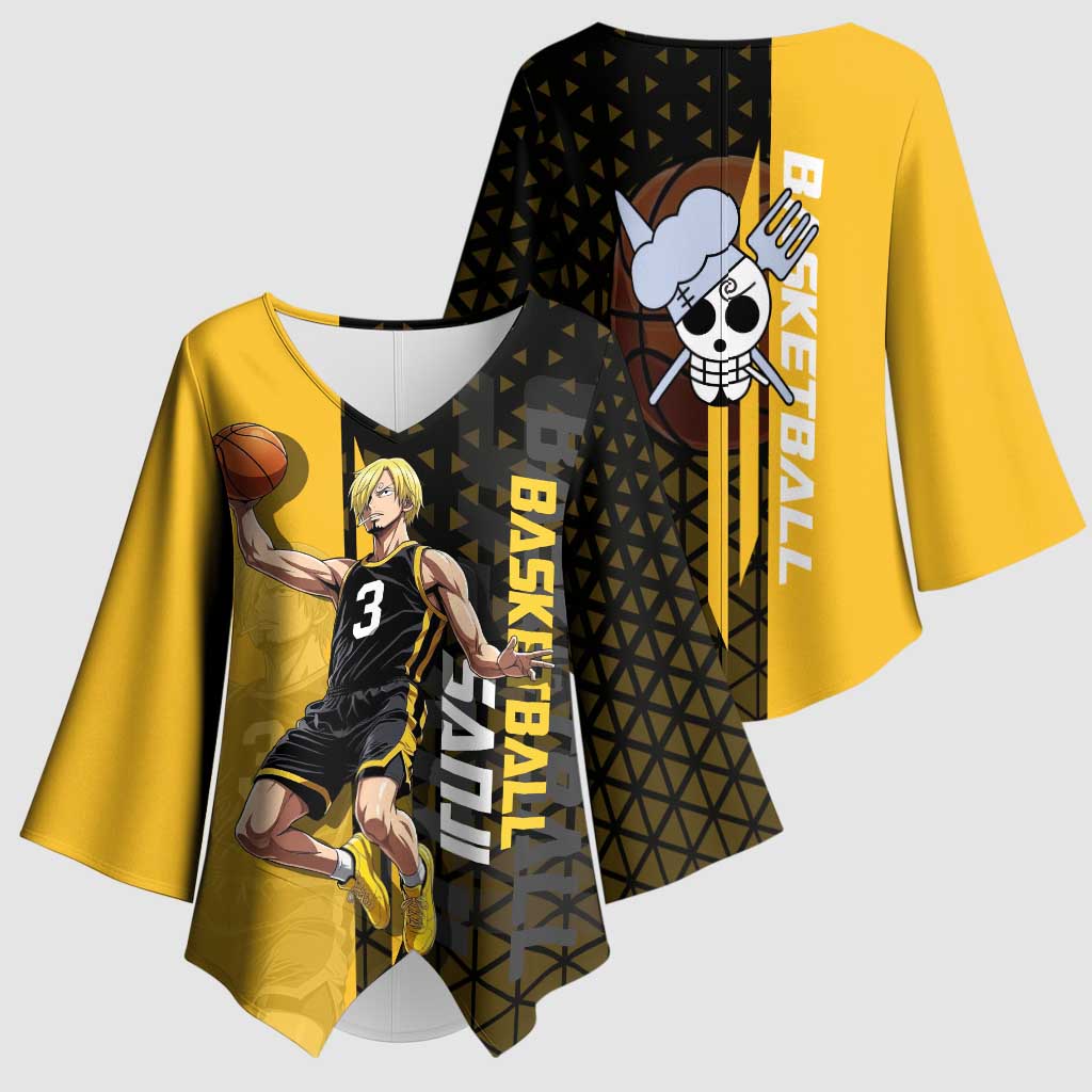 Sanji One Piece Basketball Theme Yellow and Black Design Kimono Sleeve Blouse with Pirate Chef Logo and Jump Shot Pose - The Mazicc