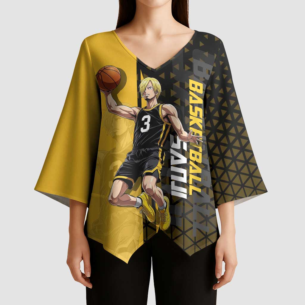 Sanji One Piece Basketball Theme Yellow and Black Design Kimono Sleeve Blouse with Pirate Chef Logo and Jump Shot Pose - The Mazicc