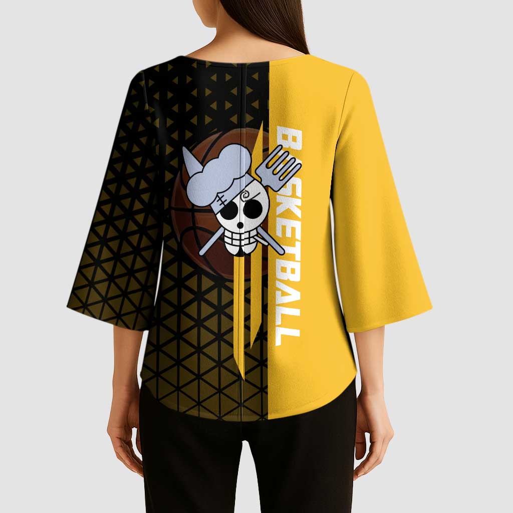 Sanji One Piece Basketball Theme Yellow and Black Design Kimono Sleeve Blouse with Pirate Chef Logo and Jump Shot Pose - The Mazicc