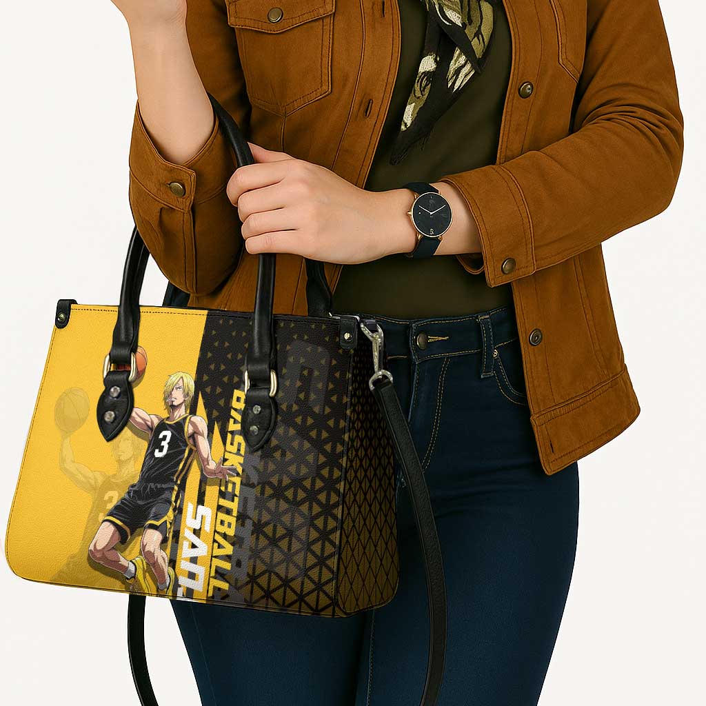 Sanji One Piece Basketball Theme Yellow and Black Design Leather Bag with Pirate Chef Logo and Jump Shot Pose - The Mazicc