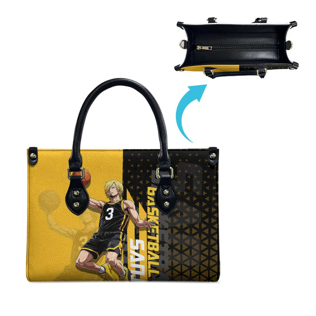 Sanji One Piece Basketball Theme Yellow and Black Design Leather Bag with Pirate Chef Logo and Jump Shot Pose - The Mazicc