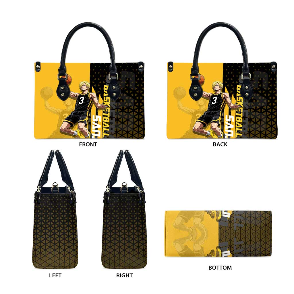 Sanji One Piece Basketball Theme Yellow and Black Design Leather Bag with Pirate Chef Logo and Jump Shot Pose - The Mazicc