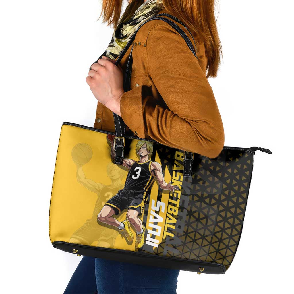 Sanji One Piece Basketball Theme Yellow and Black Design Leather Tote Bag with Pirate Chef Logo and Jump Shot Pose - The Mazicc
