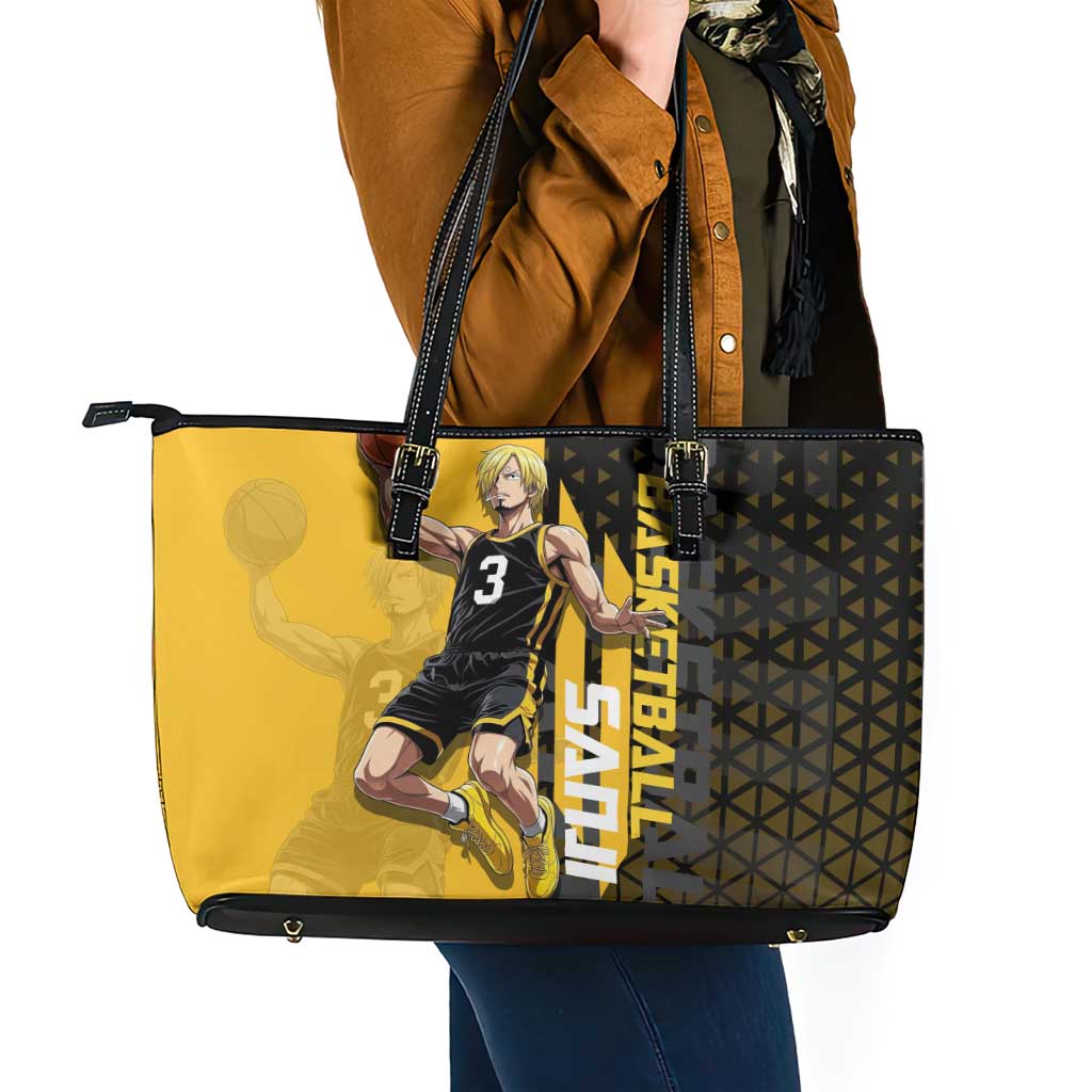 Sanji One Piece Basketball Theme Yellow and Black Design Leather Tote Bag with Pirate Chef Logo and Jump Shot Pose - The Mazicc