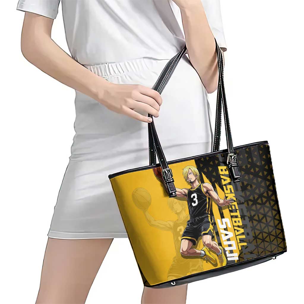 Sanji One Piece Basketball Theme Yellow and Black Design Leather Tote Bag with Pirate Chef Logo and Jump Shot Pose - The Mazicc