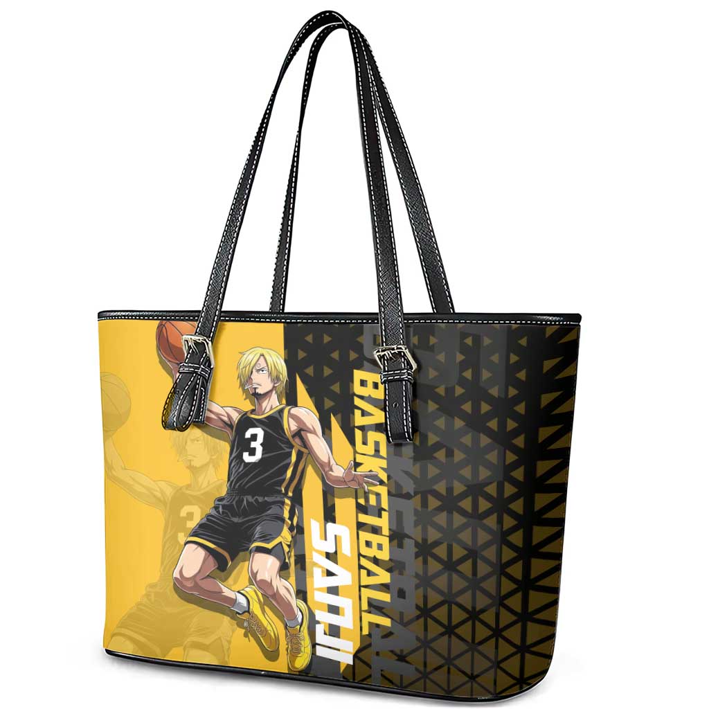Sanji One Piece Basketball Theme Yellow and Black Design Leather Tote Bag with Pirate Chef Logo and Jump Shot Pose - The Mazicc