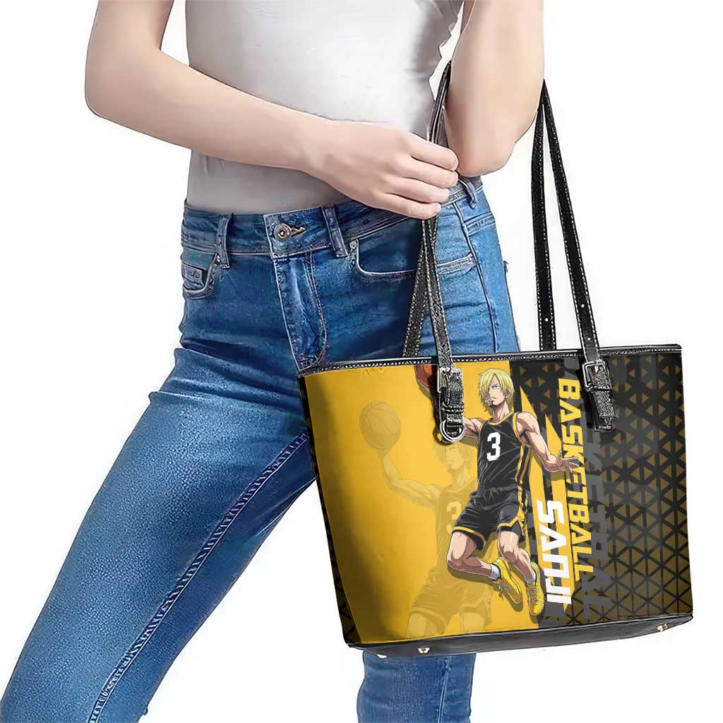 Sanji One Piece Basketball Theme Yellow and Black Design Leather Tote Bag with Pirate Chef Logo and Jump Shot Pose - The Mazicc