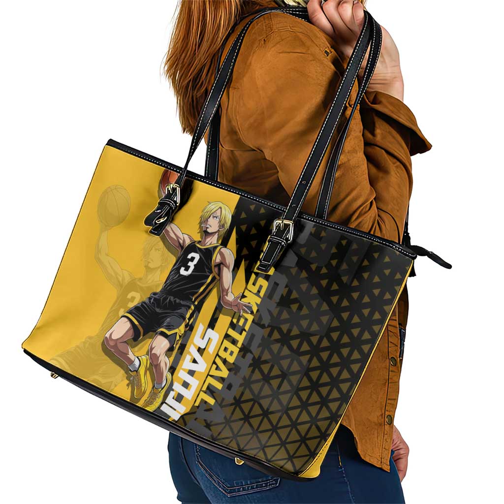 Sanji One Piece Basketball Theme Yellow and Black Design Leather Tote Bag with Pirate Chef Logo and Jump Shot Pose - The Mazicc