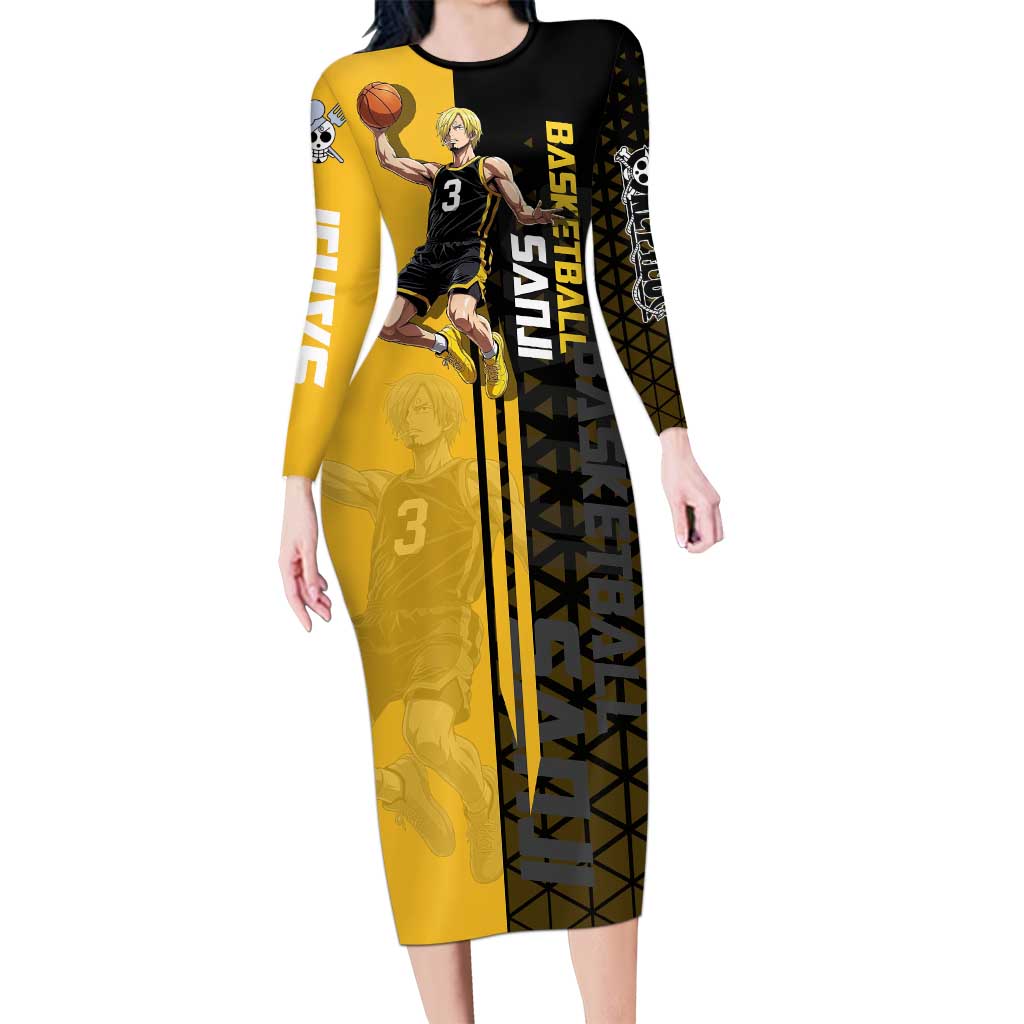 Sanji One Piece Basketball Theme Yellow and Black Design Long Sleeve Bodycon Dress with Pirate Chef Logo and Jump Shot Pose - The Mazicc