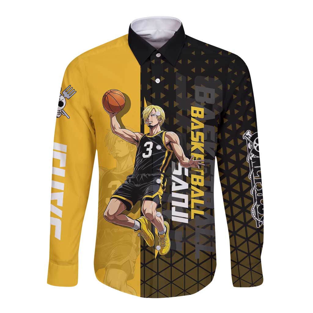 Sanji One Piece Basketball Theme Yellow and Black Design Long Sleeve Button Shirt with Pirate Chef Logo and Jump Shot Pose - The Mazicc
