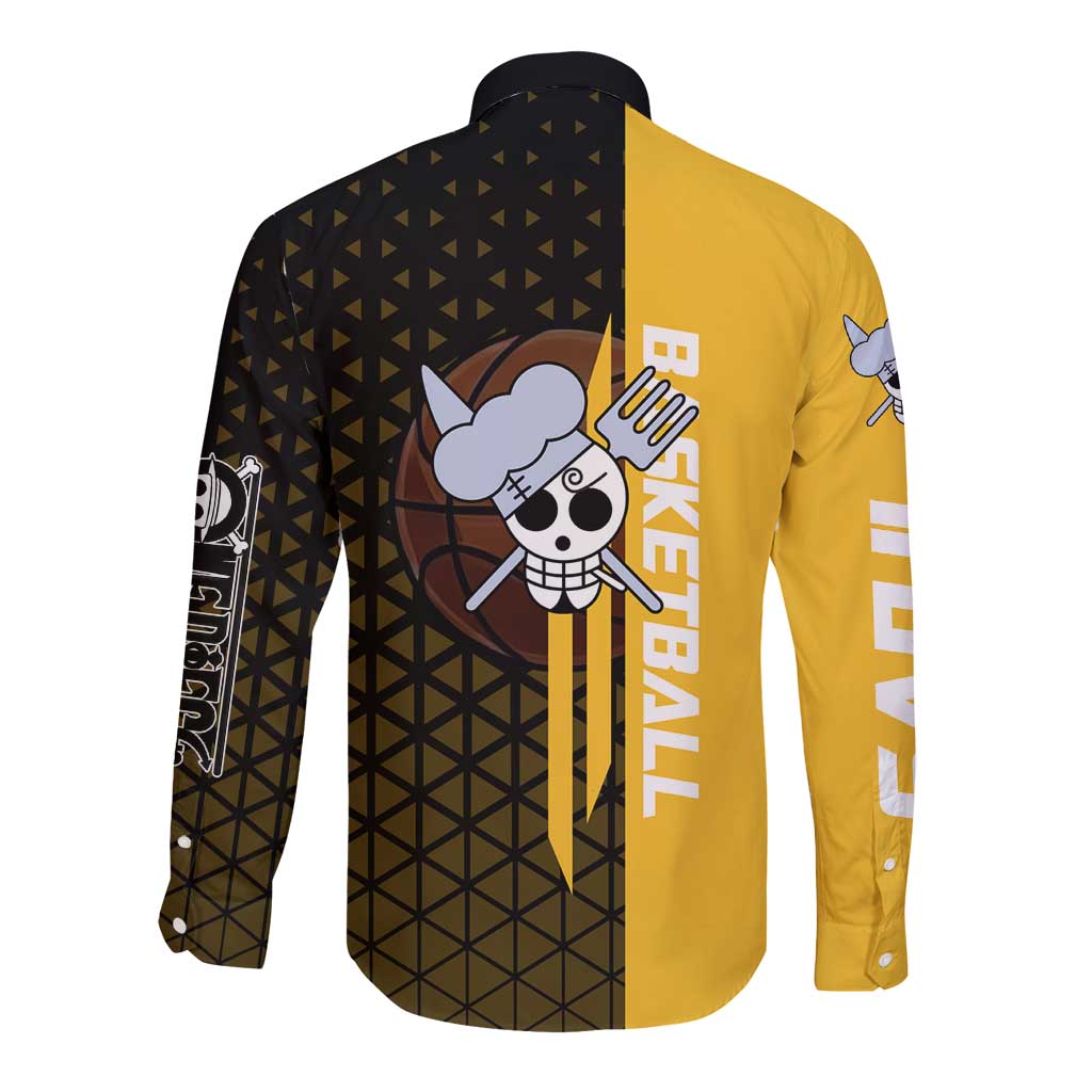 Sanji One Piece Basketball Theme Yellow and Black Design Long Sleeve Button Shirt with Pirate Chef Logo and Jump Shot Pose - The Mazicc