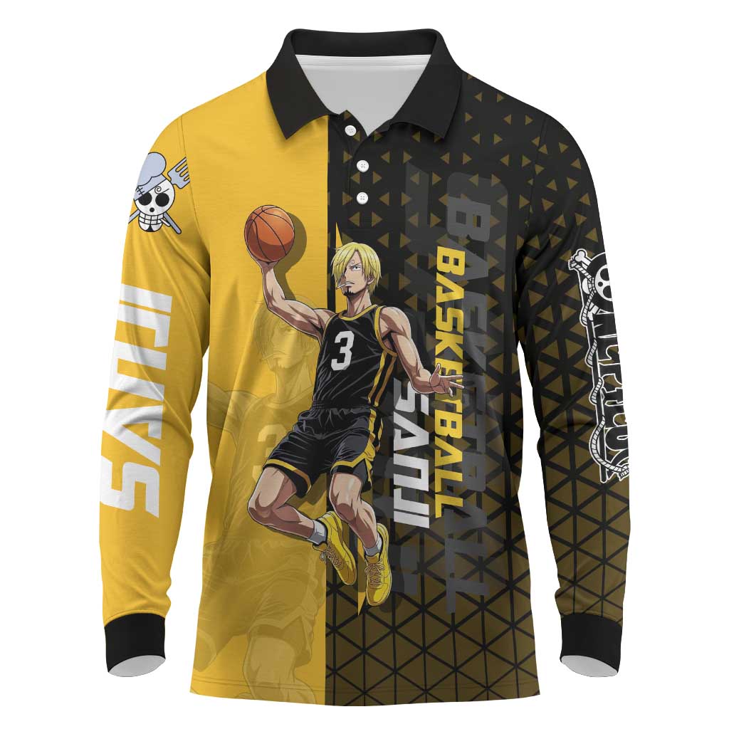 Sanji One Piece Basketball Theme Yellow and Black Design Long Sleeve Polo Shirt with Pirate Chef Logo and Jump Shot Pose - The Mazicc