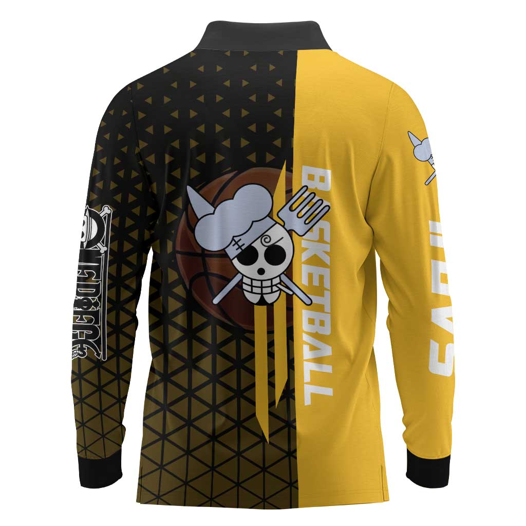 Sanji One Piece Basketball Theme Yellow and Black Design Long Sleeve Polo Shirt with Pirate Chef Logo and Jump Shot Pose - The Mazicc