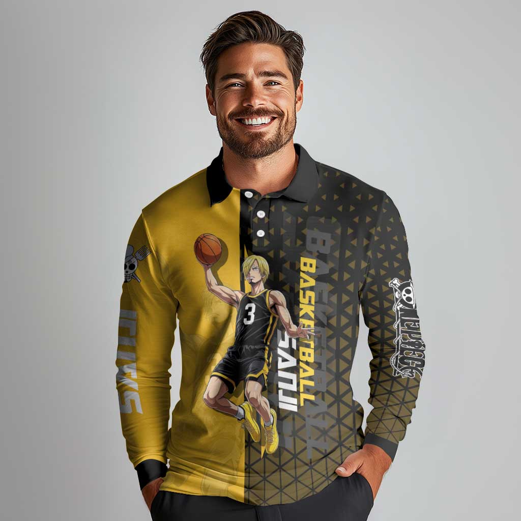 Sanji One Piece Basketball Theme Yellow and Black Design Long Sleeve Polo Shirt with Pirate Chef Logo and Jump Shot Pose - The Mazicc