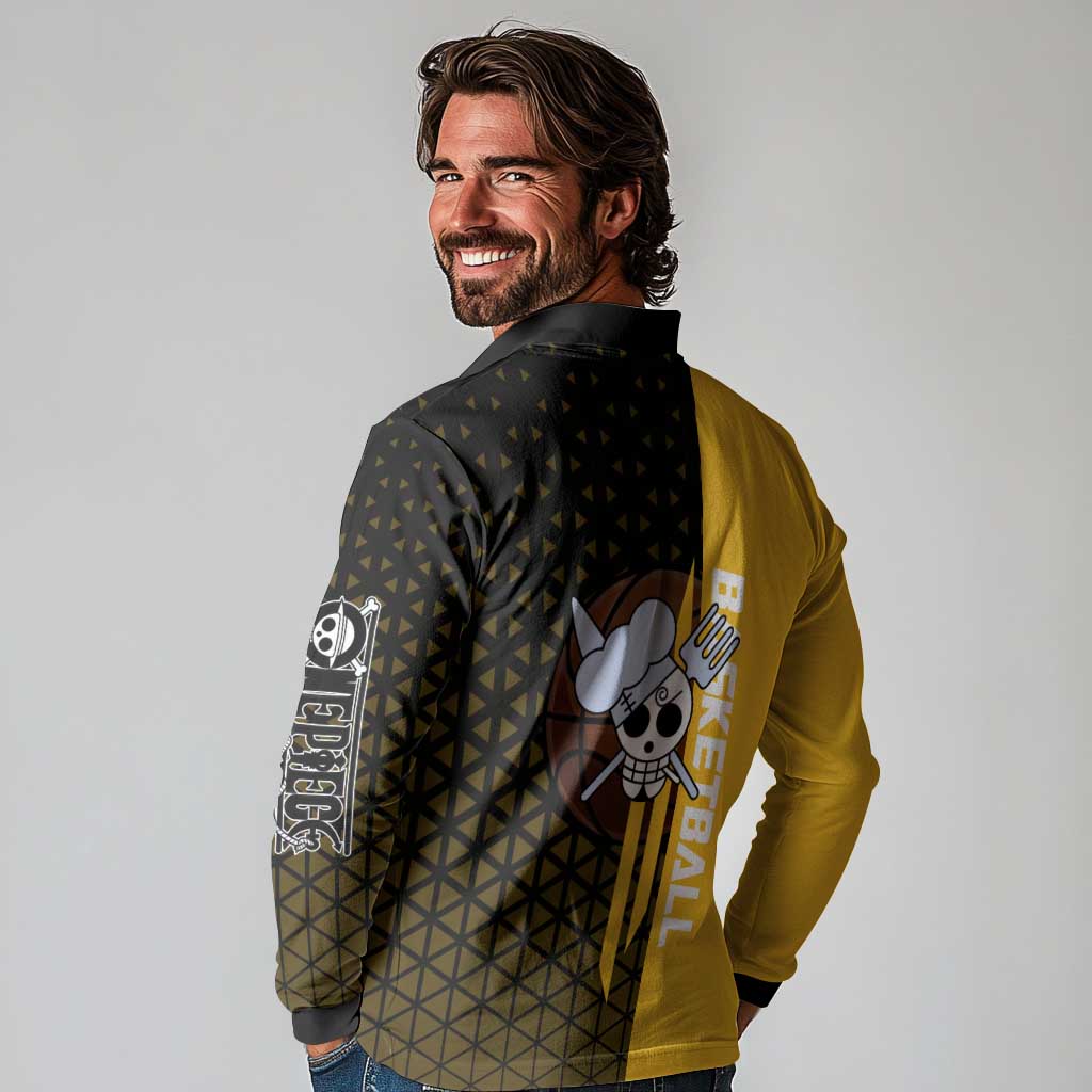 Sanji One Piece Basketball Theme Yellow and Black Design Long Sleeve Polo Shirt with Pirate Chef Logo and Jump Shot Pose - The Mazicc