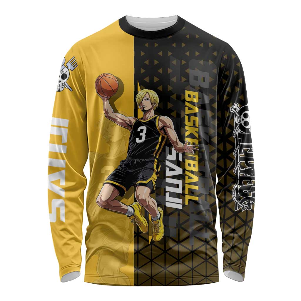 Sanji One Piece Basketball Theme Yellow and Black Design Long Sleeve Shirt with Pirate Chef Logo and Jump Shot Pose - The Mazicc