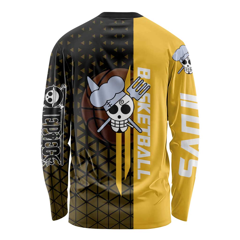 Sanji One Piece Basketball Theme Yellow and Black Design Long Sleeve Shirt with Pirate Chef Logo and Jump Shot Pose - The Mazicc