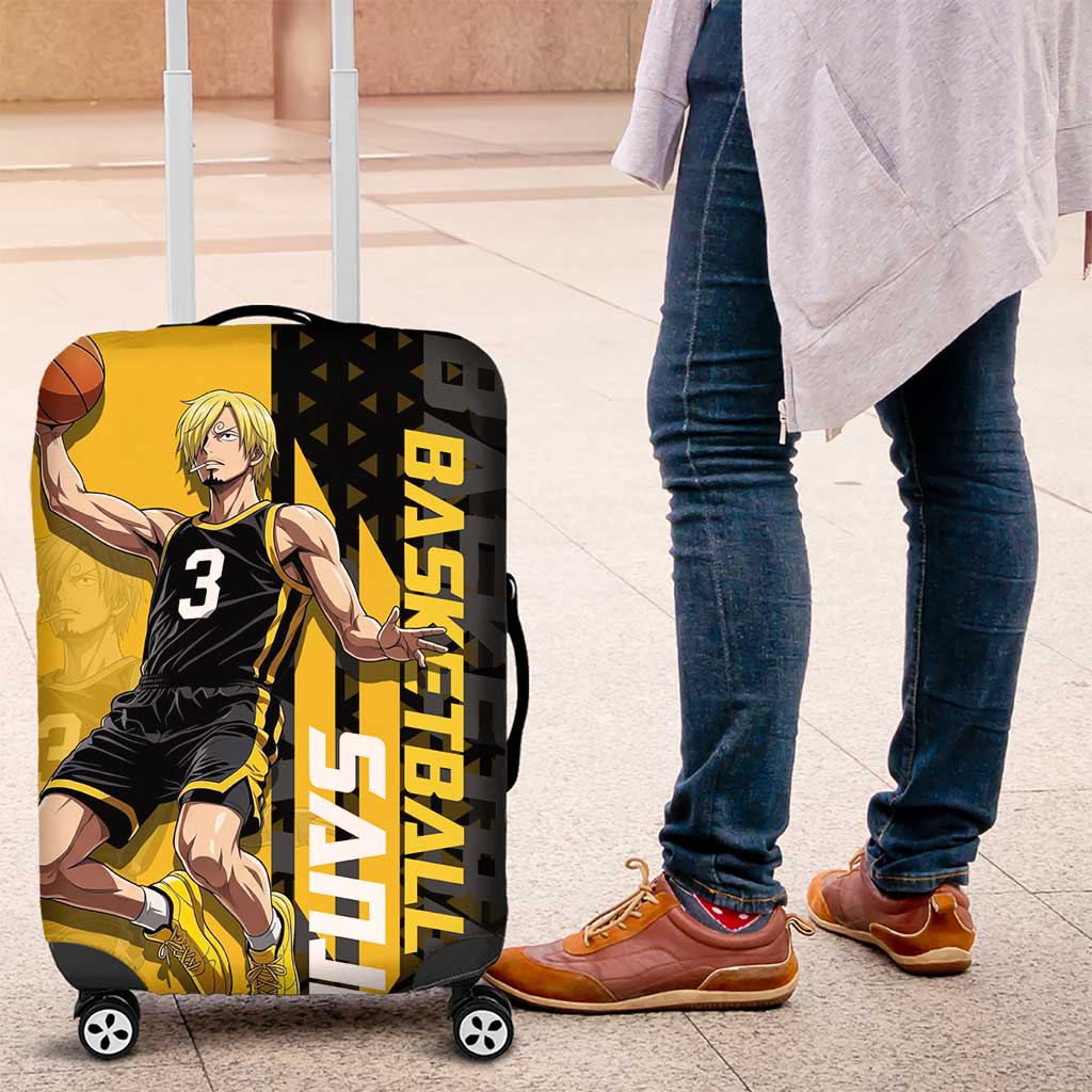 Sanji One Piece Basketball Theme Yellow and Black Design Luggage Cover with Pirate Chef Logo and Jump Shot Pose - The Mazicc