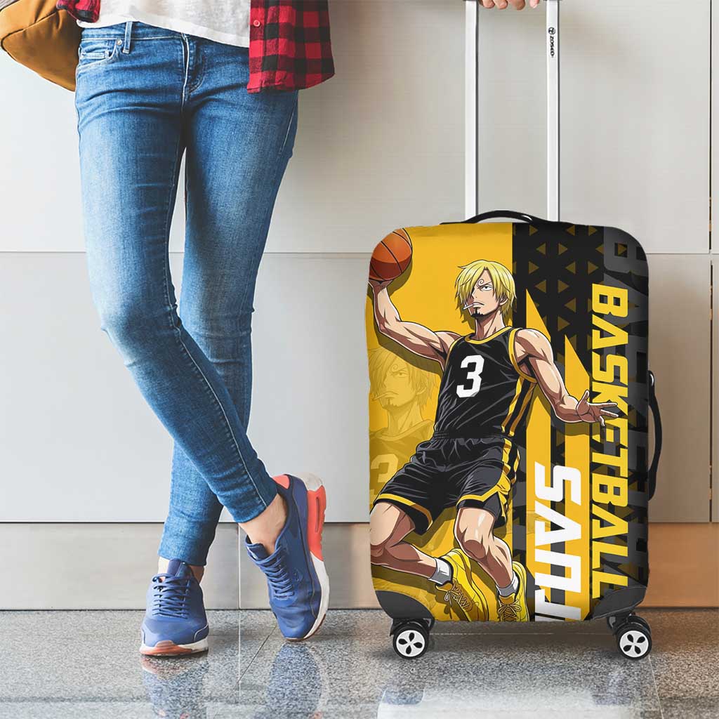 Sanji One Piece Basketball Theme Yellow and Black Design Luggage Cover with Pirate Chef Logo and Jump Shot Pose - The Mazicc
