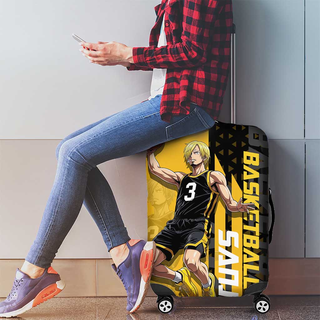 Sanji One Piece Basketball Theme Yellow and Black Design Luggage Cover with Pirate Chef Logo and Jump Shot Pose - The Mazicc