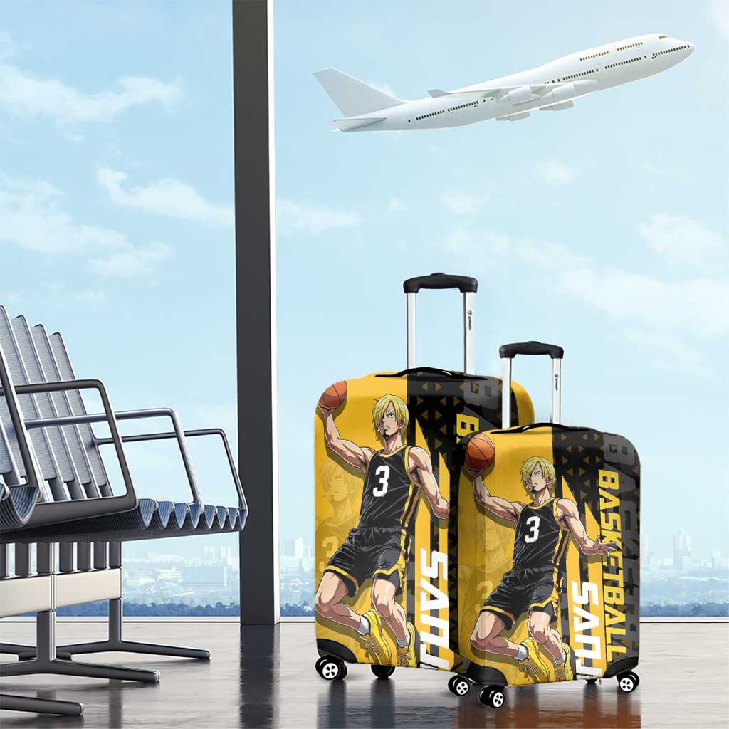 Sanji One Piece Basketball Theme Yellow and Black Design Luggage Cover with Pirate Chef Logo and Jump Shot Pose - The Mazicc