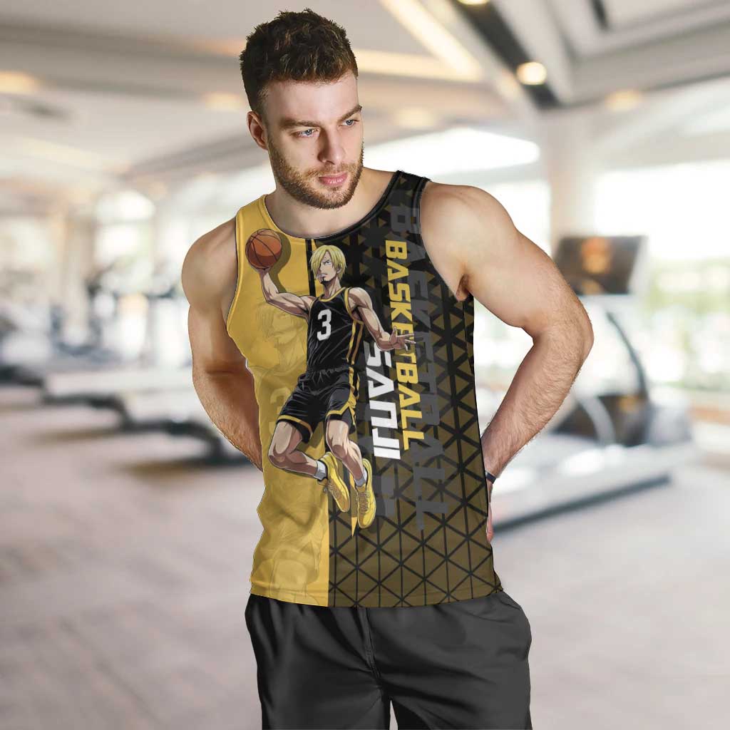 Sanji One Piece Basketball Theme Yellow and Black Design Men Tank Top with Pirate Chef Logo and Jump Shot Pose - The Mazicc