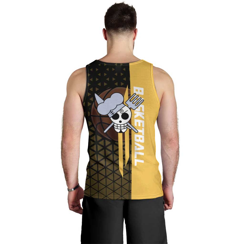 Sanji One Piece Basketball Theme Yellow and Black Design Men Tank Top with Pirate Chef Logo and Jump Shot Pose - The Mazicc