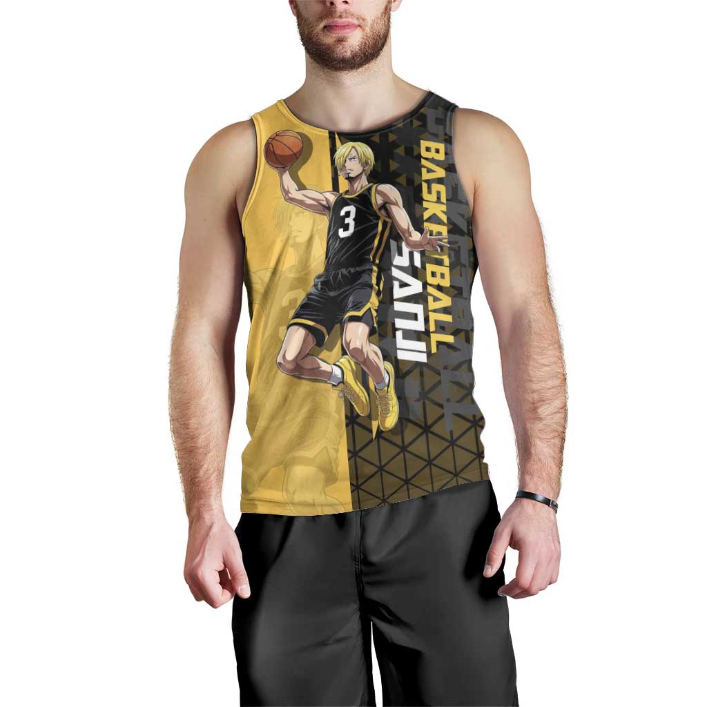 Sanji One Piece Basketball Theme Yellow and Black Design Men Tank Top with Pirate Chef Logo and Jump Shot Pose - The Mazicc