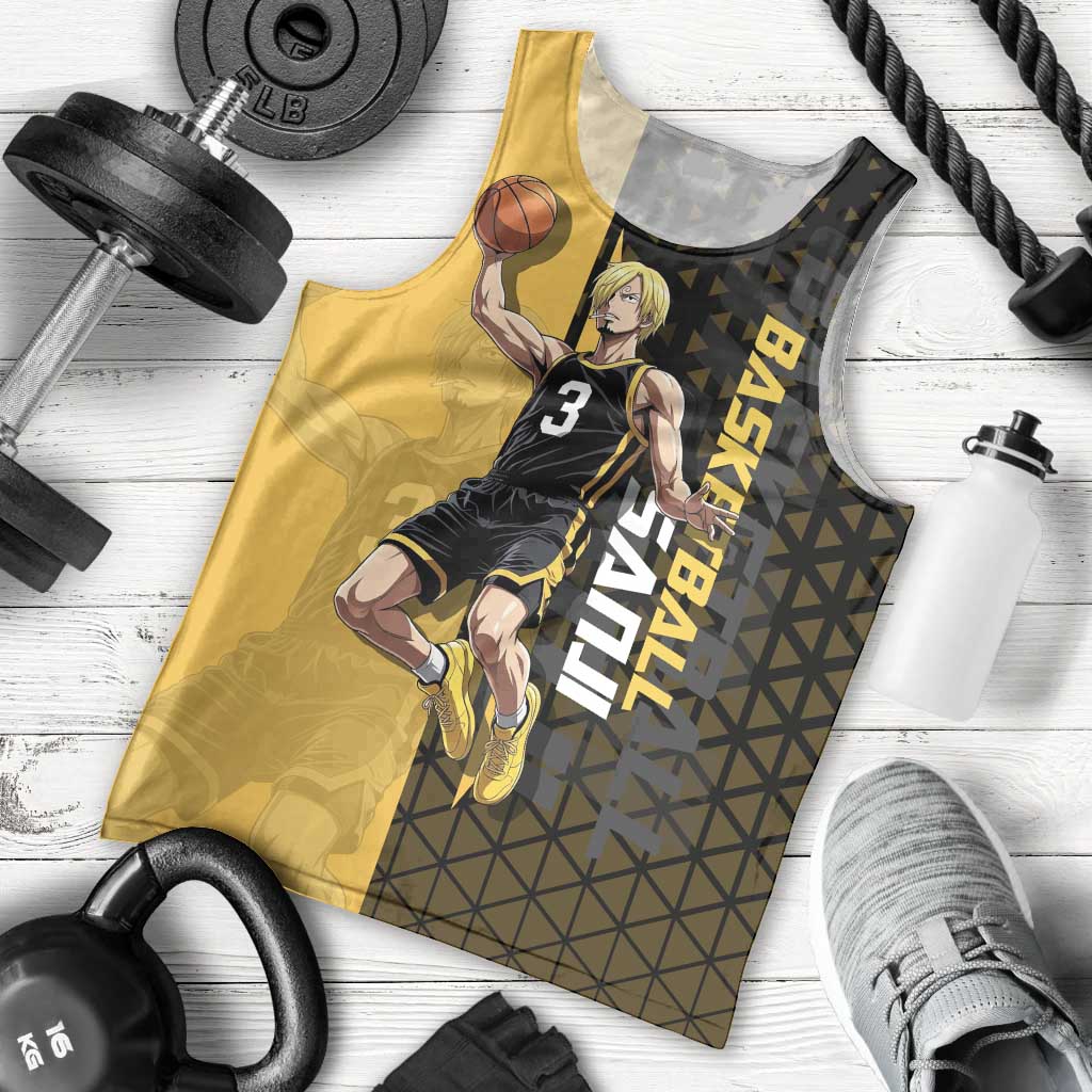 Sanji One Piece Basketball Theme Yellow and Black Design Men Tank Top with Pirate Chef Logo and Jump Shot Pose - The Mazicc