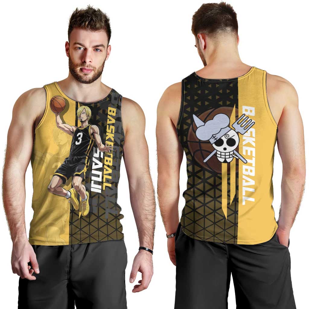 Sanji One Piece Basketball Theme Yellow and Black Design Men Tank Top with Pirate Chef Logo and Jump Shot Pose - The Mazicc