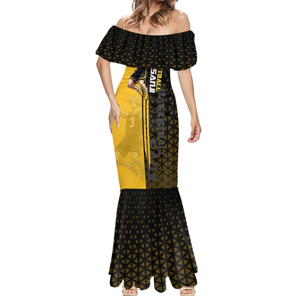 Sanji One Piece Basketball Theme Yellow and Black Design Mermaid Dress with Pirate Chef Logo and Jump Shot Pose - The Mazicc
