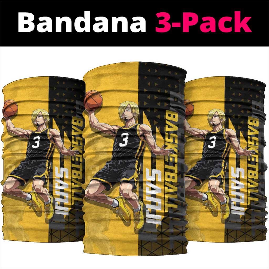 Sanji One Piece Basketball Theme Yellow and Black Design Neck Gaiter with Pirate Chef Logo and Jump Shot Pose - The Mazicc