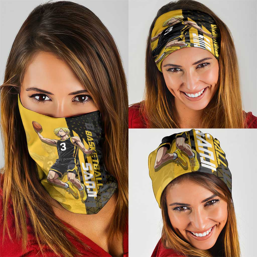 Sanji One Piece Basketball Theme Yellow and Black Design Neck Gaiter with Pirate Chef Logo and Jump Shot Pose - The Mazicc