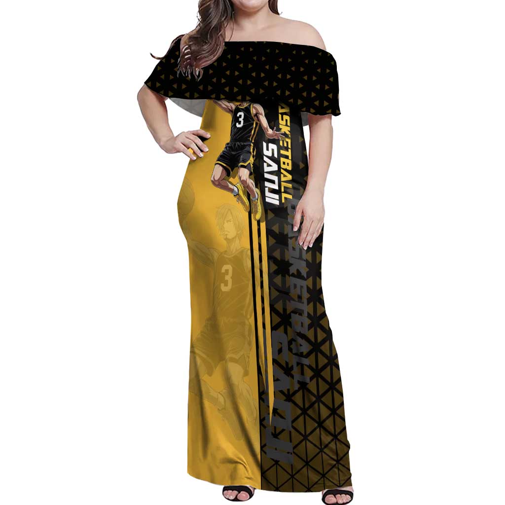 Sanji One Piece Basketball Theme Yellow and Black Design Off Shoulder Maxi Dress with Pirate Chef Logo and Jump Shot Pose - The Mazicc