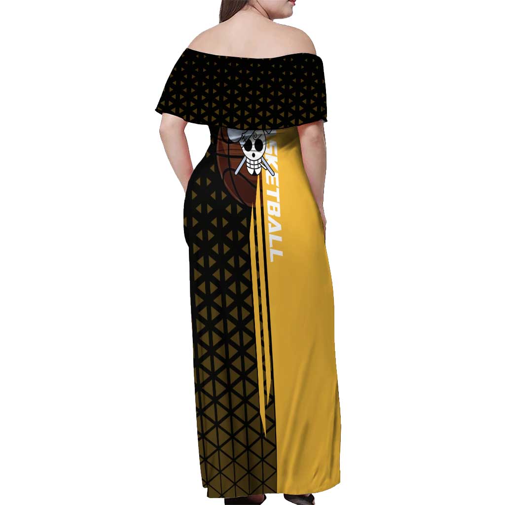 Sanji One Piece Basketball Theme Yellow and Black Design Off Shoulder Maxi Dress with Pirate Chef Logo and Jump Shot Pose - The Mazicc