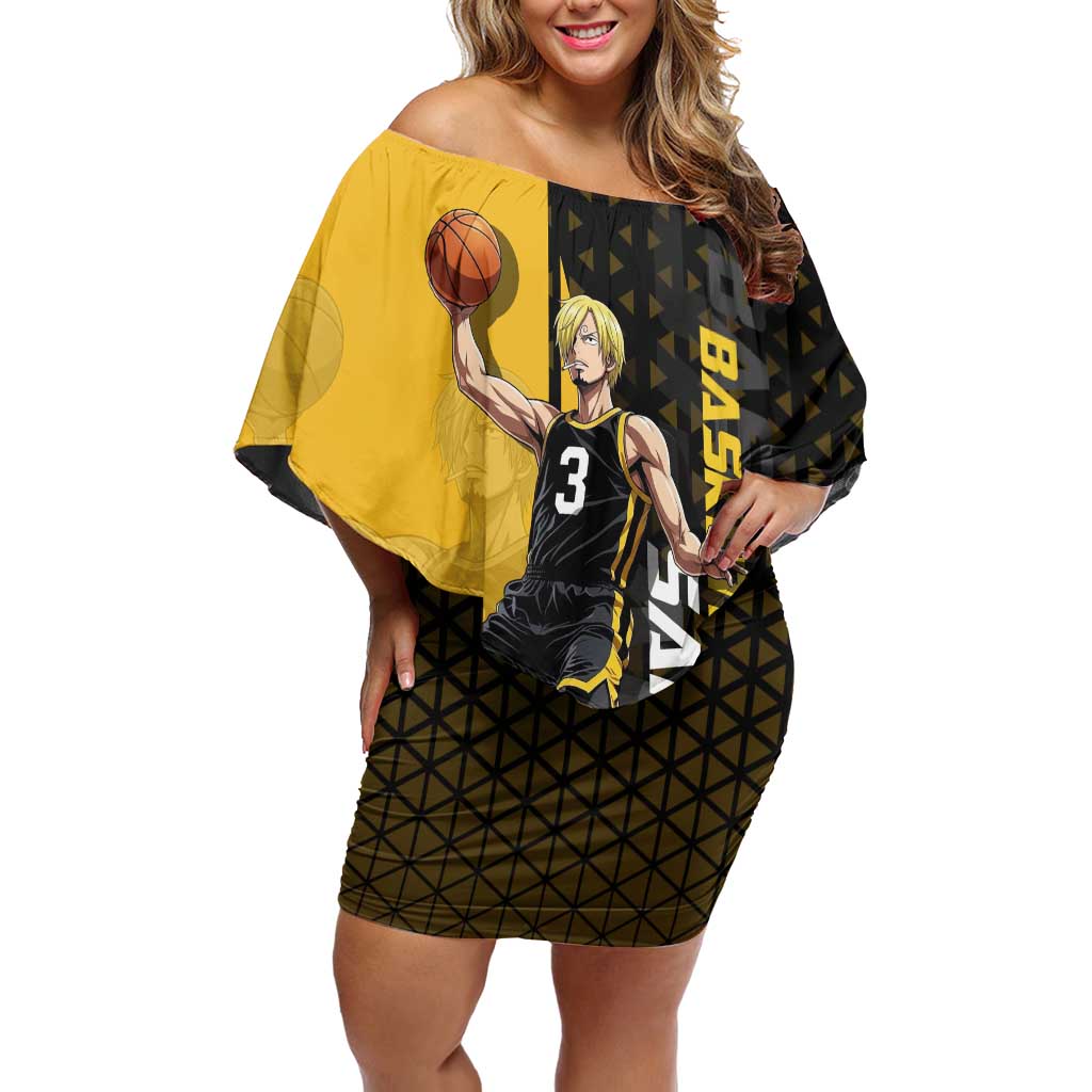 Sanji One Piece Basketball Theme Yellow and Black Design Off Shoulder Short Dress with Pirate Chef Logo and Jump Shot Pose - The Mazicc