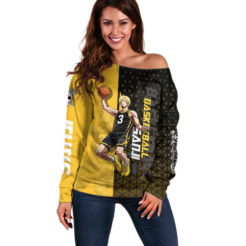 Sanji One Piece Basketball Theme Yellow and Black Design Off Shoulder Sweater with Pirate Chef Logo and Jump Shot Pose - The Mazicc