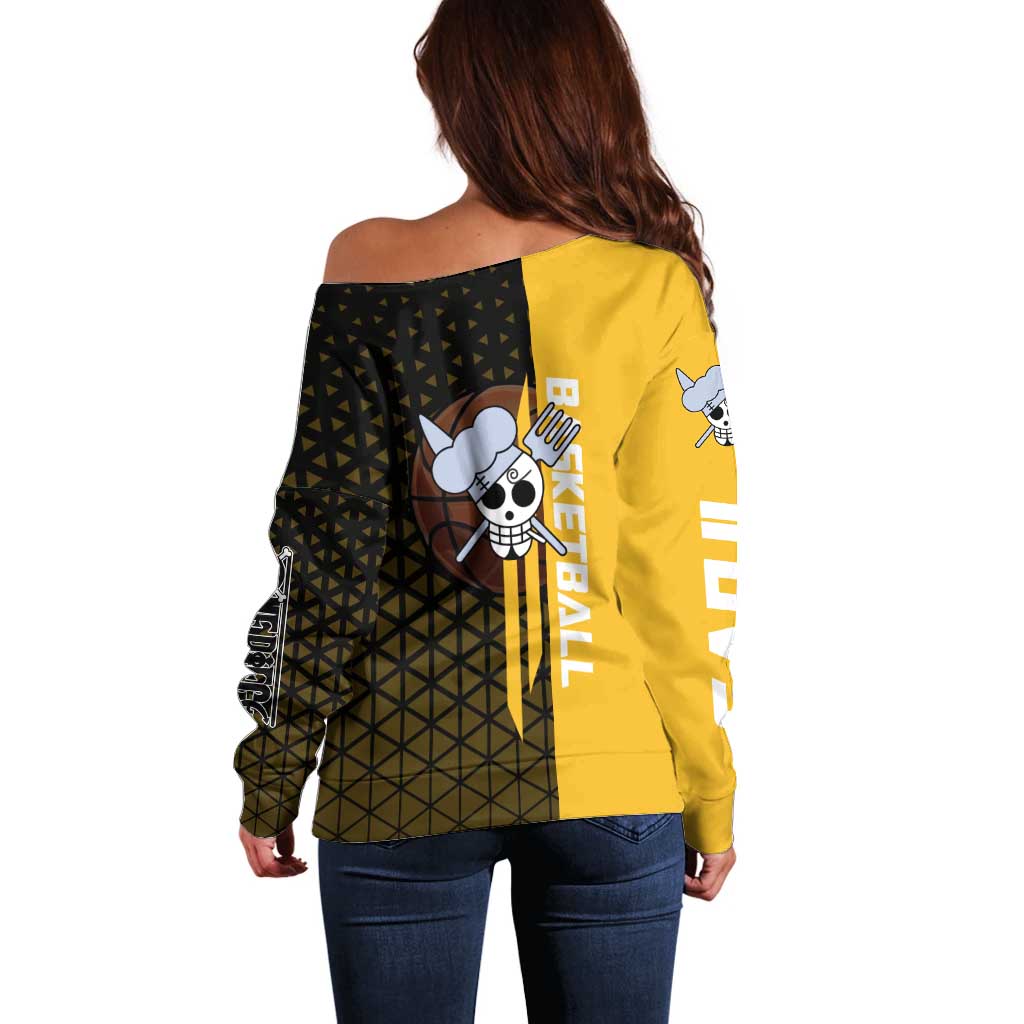 Sanji One Piece Basketball Theme Yellow and Black Design Off Shoulder Sweater with Pirate Chef Logo and Jump Shot Pose - The Mazicc