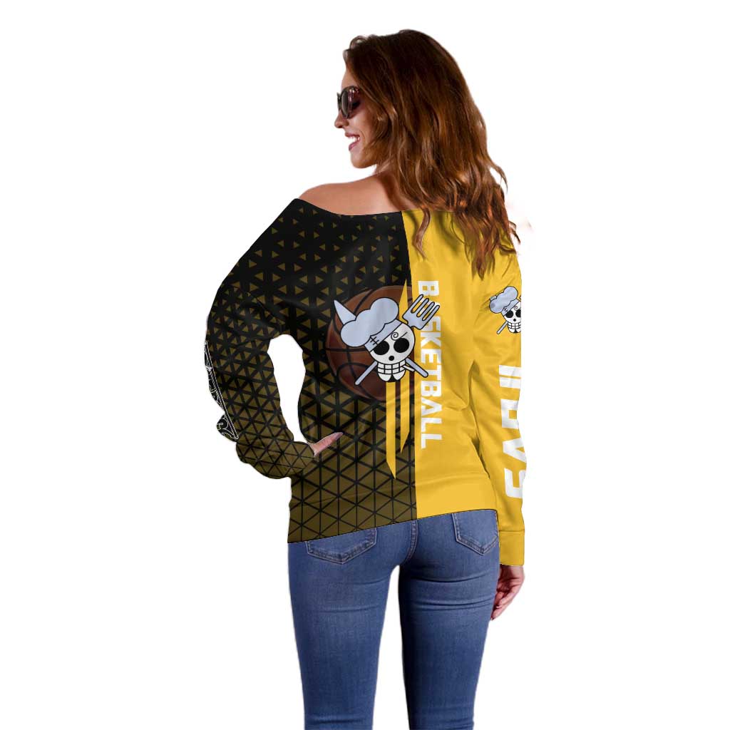 Sanji One Piece Basketball Theme Yellow and Black Design Off Shoulder Sweater with Pirate Chef Logo and Jump Shot Pose - The Mazicc