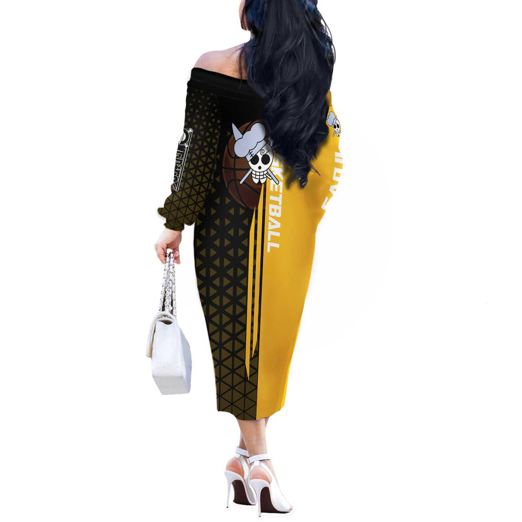 Sanji One Piece Basketball Theme Yellow and Black Design Off The Shoulder Long Sleeve Dress with Pirate Chef Logo and Jump Shot Pose - The Mazicc