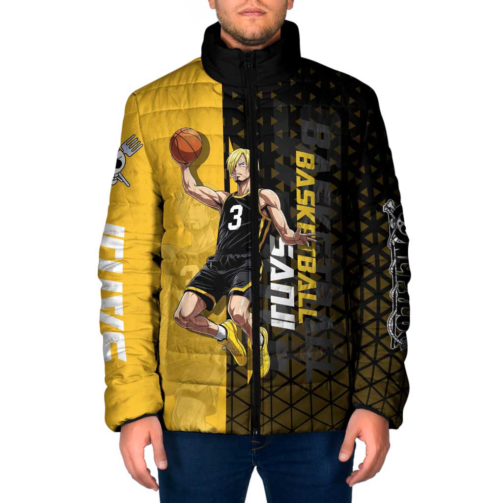 Sanji One Piece Basketball Theme Yellow and Black Design Padded Jacket with Pirate Chef Logo and Jump Shot Pose - The Mazicc