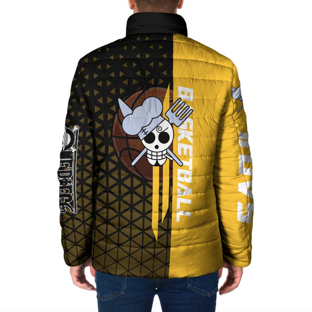 Sanji One Piece Basketball Theme Yellow and Black Design Padded Jacket with Pirate Chef Logo and Jump Shot Pose - The Mazicc