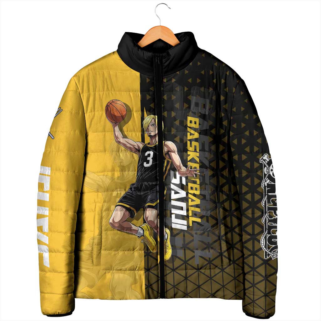 Sanji One Piece Basketball Theme Yellow and Black Design Padded Jacket with Pirate Chef Logo and Jump Shot Pose - The Mazicc